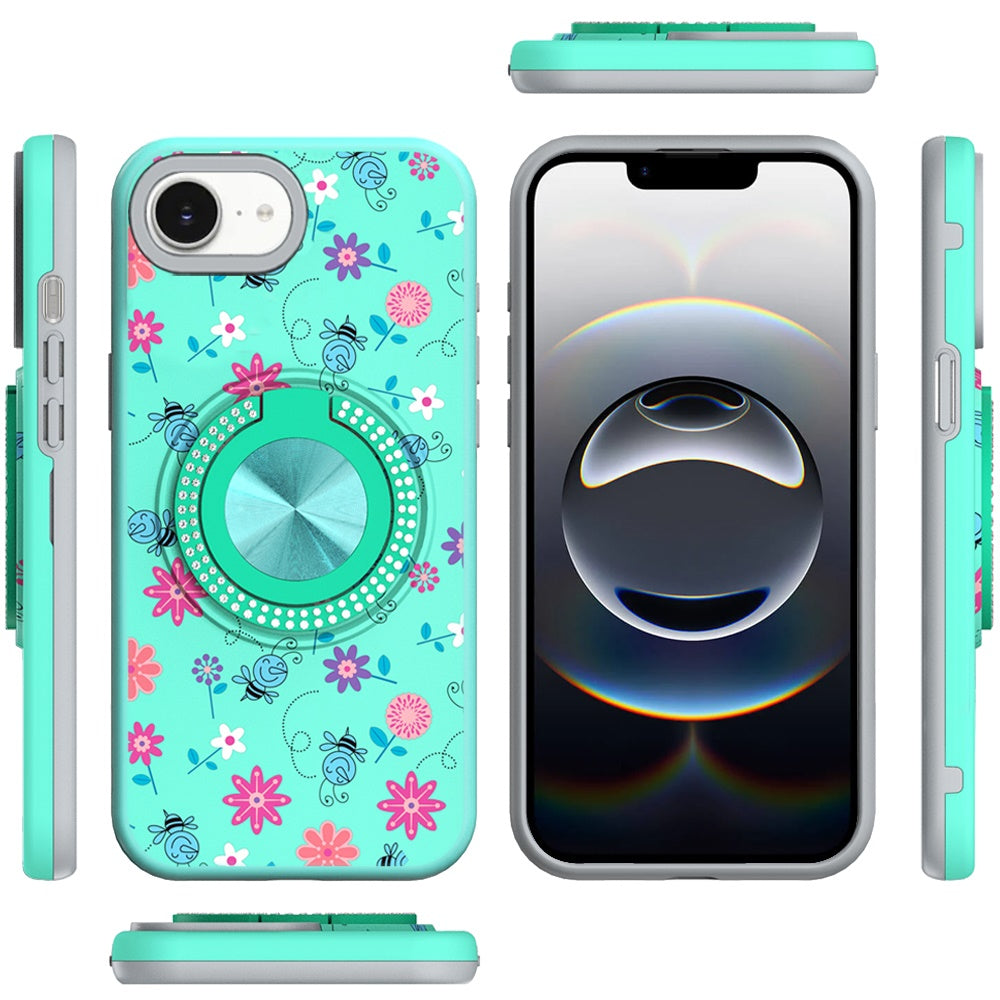 For Apple iPhone 16e Pattern Design Hybrid with Invisible Ring Stand & Magnetic Back, Shockproof Protective Grip Case Cover Flower Bee Teal