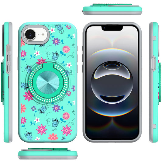 For Apple iPhone 16e Pattern Design Hybrid with Invisible Ring Stand & Magnetic Back, Shockproof Protective Grip Case Cover Flower Bee Teal