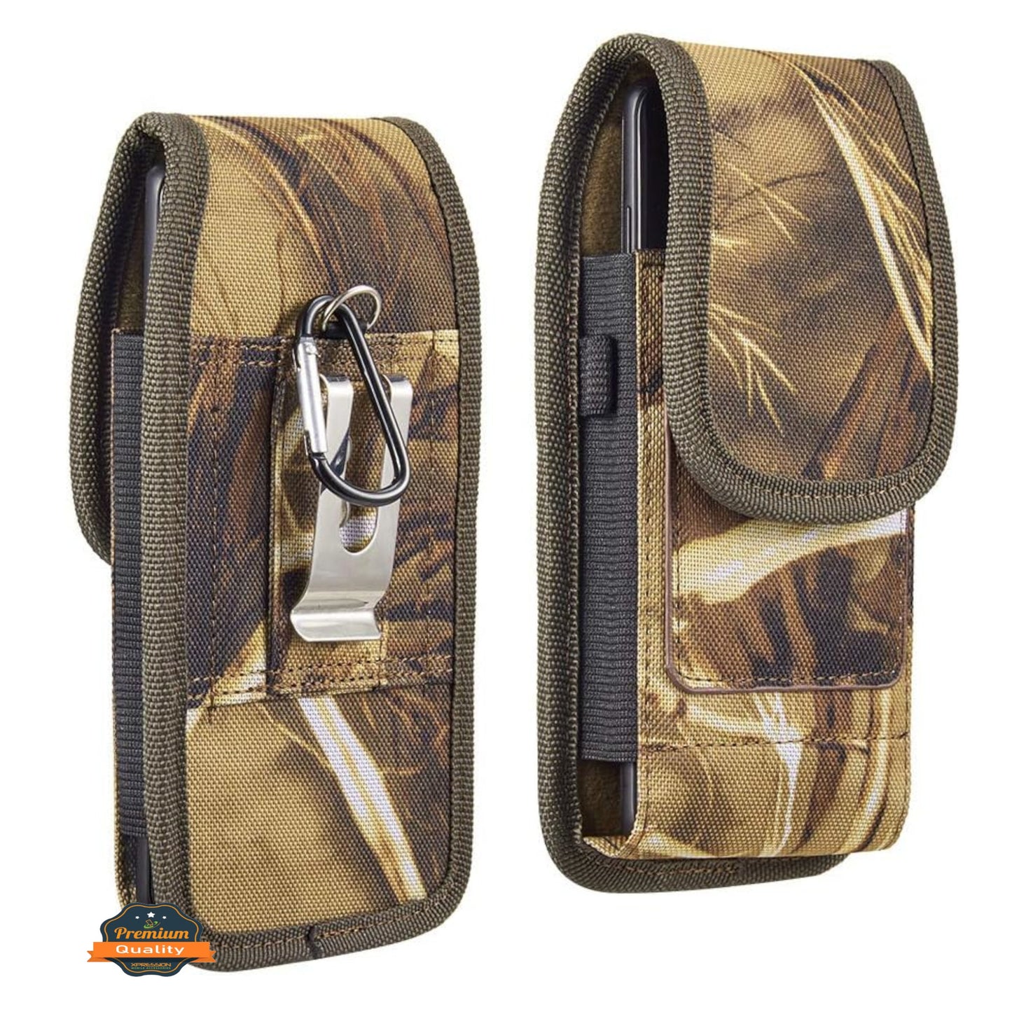 For Apple iPhone 16 Pro (6.3") Vertical Camouflage Nylon Canvas Holster Universal Cell Phone Pouch Velcro Closure with Credit Card Slot & Belt Clip Loop Carabiner [Hunting Camo]