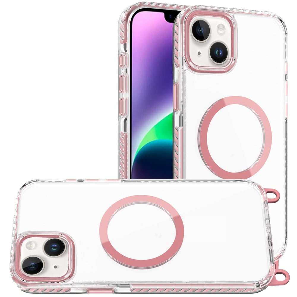 For iPhone 14/13 (6.1") Clear Magnetic Frame PC Back Shockproof Protective Case with Detachable Lanyard Strap, Compatible with MagSafe Case Cover White
