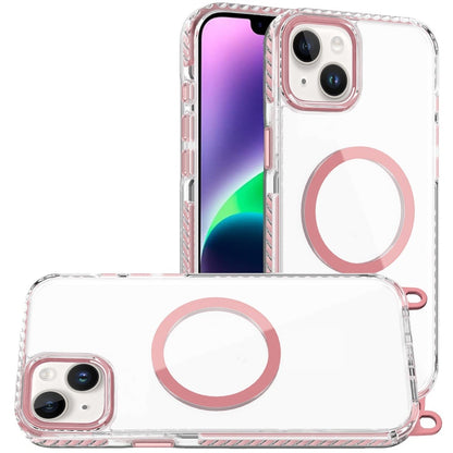 For iPhone 14/13 (6.1") Clear Magnetic Frame PC Back Shockproof Protective Case with Detachable Lanyard Strap, Compatible with MagSafe Case Cover White