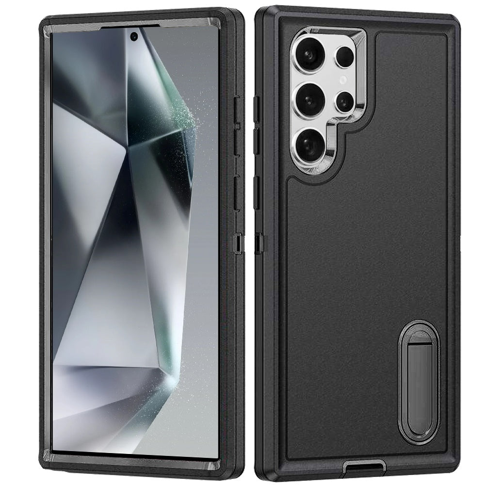 For Samsung Galaxy S25 Ultra Hybrid 3 Layers Hard 3in1 Shockproof with Kickstand Heavy Duty Hard TPU Rubber Anti-Drop Case Cover Black
