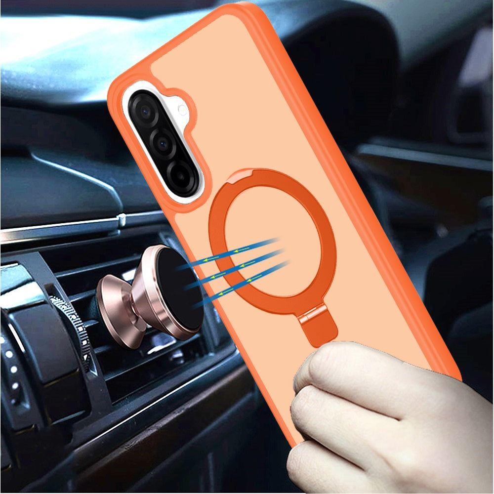 For Samsung Galaxy A17 5G Magnetic Circle Back with Ring Stand Full Rotation Matte Hybrid Shockproof Case Cover Cosmic Orange