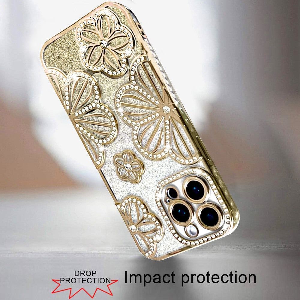 For Samsung Galaxy A26 Luxury Flower Design Sparkle Glitter Diamond Rhinestone Shimmer Bling Plating Thick TPU Hard PC Case Cover Flower Gold