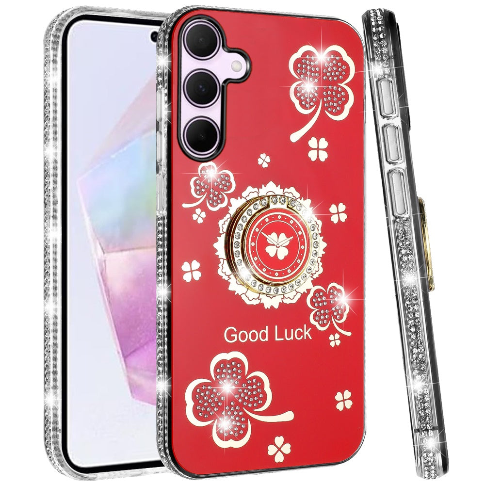 For Samsung Galaxy A36 Diamonds Bling All Around Edges Sparkly Glitter Hybrid with Ring Stand Holder Fashion Good Luck Case Cover