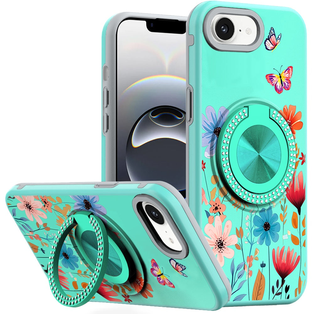 For Apple iPhone 16e Pattern Design Hybrid with Invisible Ring Stand & Magnetic Back, Shockproof Protective Grip Case Cover Summer Bloom