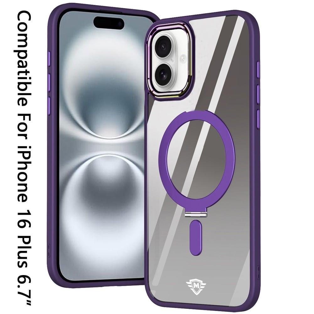 For Apple iPhone 16 Plus Magnetic Ring Stand Hybrid MagSafe Compatible Shockproof Protection Transparent Back Alloy Chrome Grip Case Cover Dark Purple