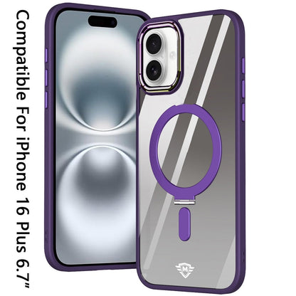 For Apple iPhone 16 Plus Magnetic Ring Stand Hybrid MagSafe Compatible Shockproof Protection Transparent Back Alloy Chrome Grip Case Cover Dark Purple