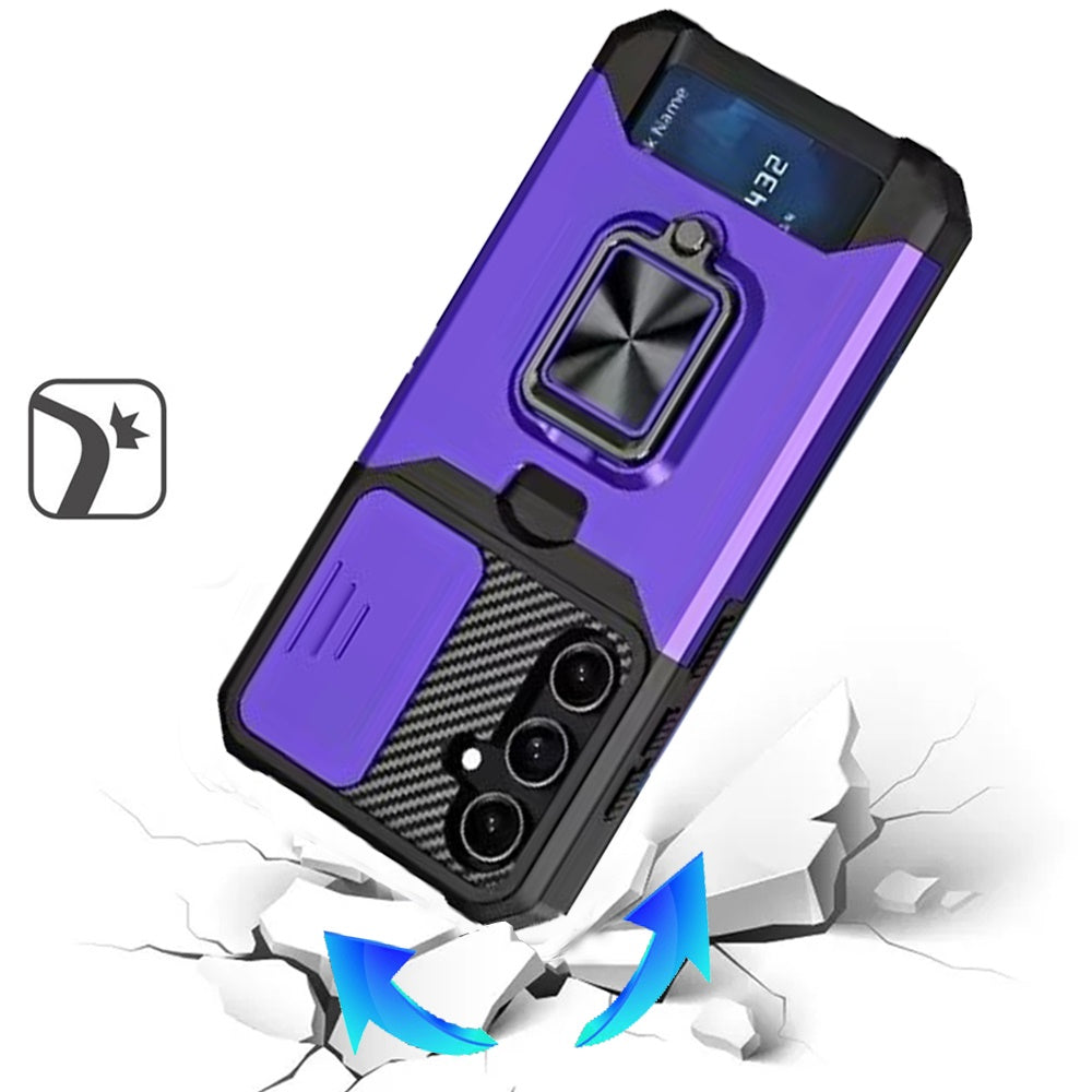 For Samsung Galaxy A26 Wallet Case with Ring Stand & Slide Camera Cover Back Credit Card Slot Holder, Military Grade Case Cover Purple