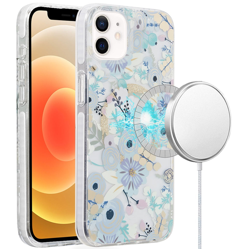 For Apple iPhone 16 (6.1") Floral Pattern Design Cute Clear Hybrid Compatible with Magsafe Double Layer Soft TPU Hard PC Back Slim Case Cover