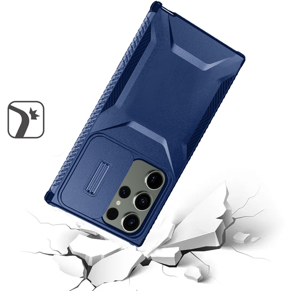 For Samsung Galaxy S23 Ultra Slim Fit Shockproof Hybrid with Slide Camera Window Covering, Rugged Tpu Silicone Hard PC Bumper Case Cover Blue