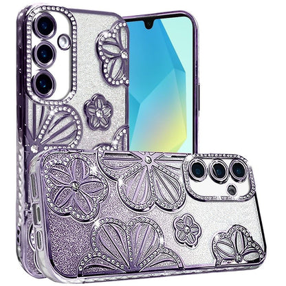 For Samsung Galaxy A16 Luxury Flower Design Sparkle Glitter Diamond Rhinestone Shimmer Bling Plating Thick TPU Hard PC Case Cover Flower Purple