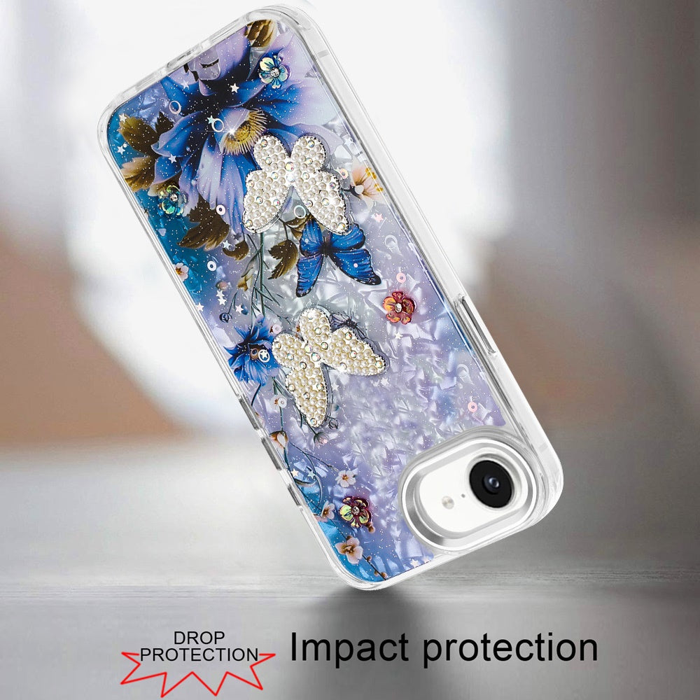 For Apple iPhone 17E /16E Epoxy Glitter Flowers Bling 3D Butterfly Fashion TPU Hybrid with Shockproof Protection Case Cover