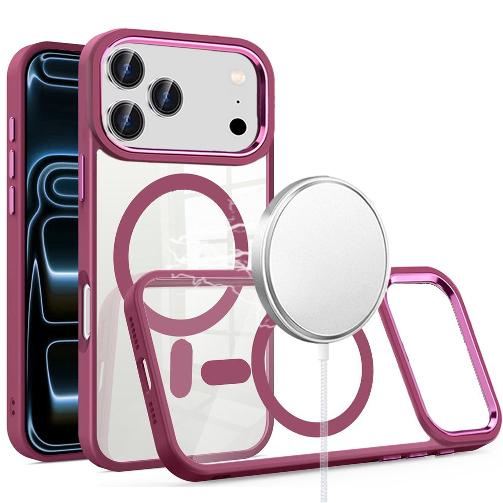 For Apple iPhone 17 Pro Max (6.9") MagSafe Compatible Transparent Greatest Clear Acrylic with Color Frame Thick Hybrid TPU Hard Case Cover Burgundy