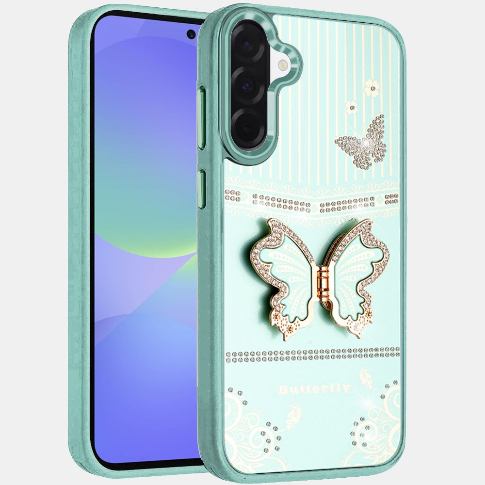 For Samsung Galaxy A37 Glitter 3D Butterfly Design Bling Metallic Edge Hybrid Stand Drop Protection TPU Shockproof Case Cover