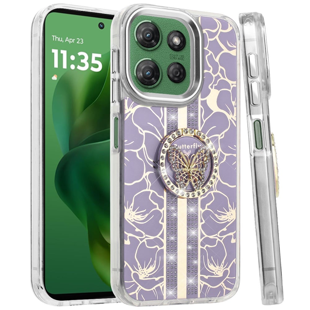 For Motorola Moto G Power 5G 2026 /2025 Diamonds 3D Butterfly Floral Design Bling Sparkly Glitter Hybrid Metal Fashion with Ring Stand Case Cover