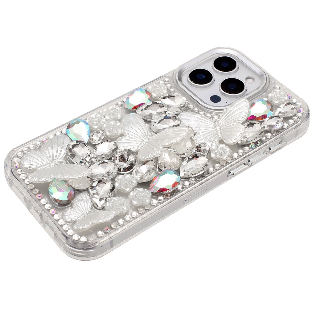 For Apple iPhone 16 Pro Max 3D Diamond Floral Butterfly Bling Stone Hybrid, Sparkly Rhinestone Gemstone Back Shockproof Case Cover