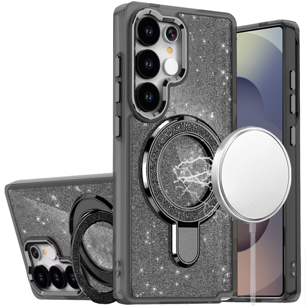 For Samsung Galaxy S25 Ultra Transparent Glitter Bling Case with Rotating Magnetic Ring Stand, Shockproof Hybrid Case Cover