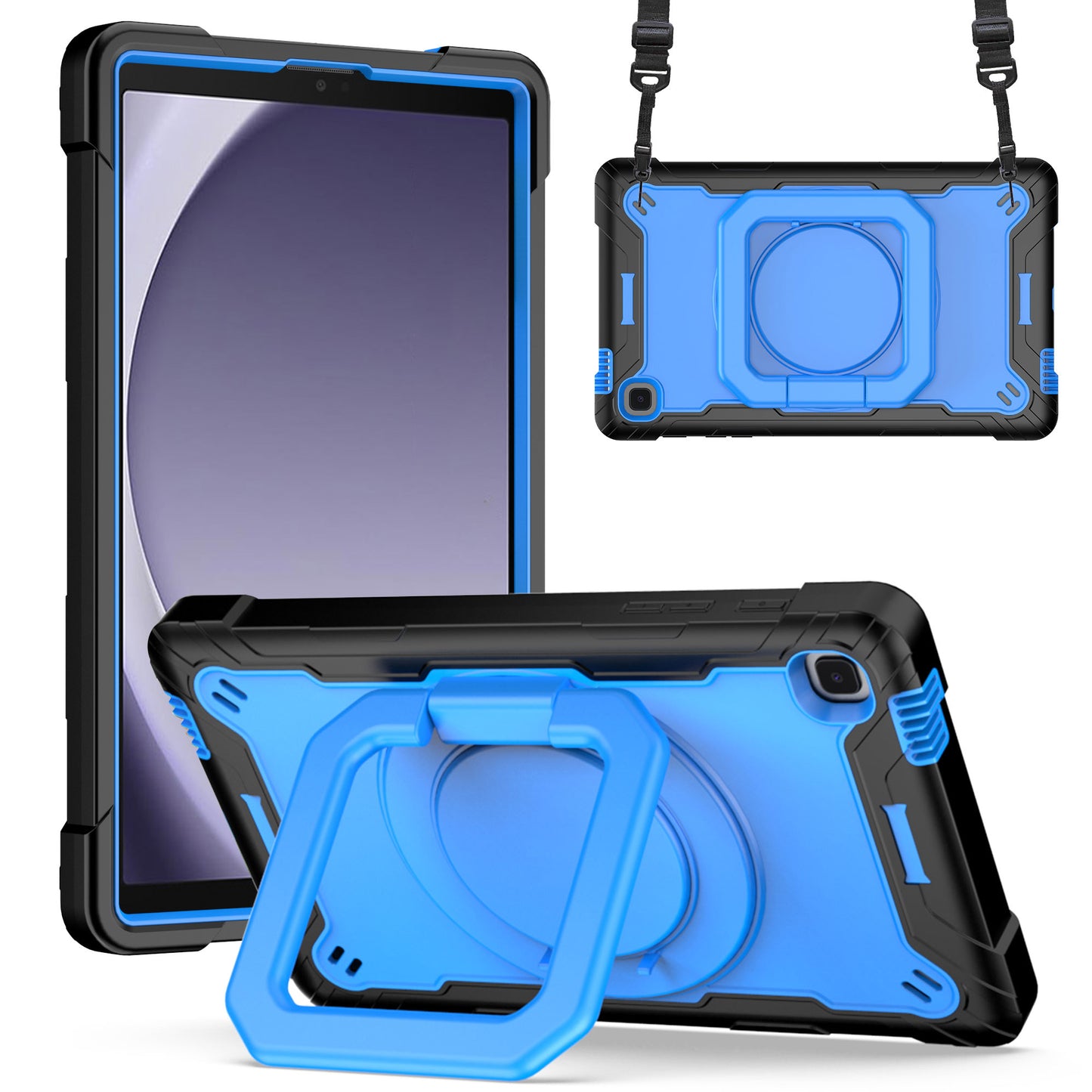 For Tough Hybrid 3 in 1 Case with 180° Rotating Kickstand, Adjustable Shoulder Strap, Shockproof TPU Rubber PC Black / Blue Tablet Case Cover