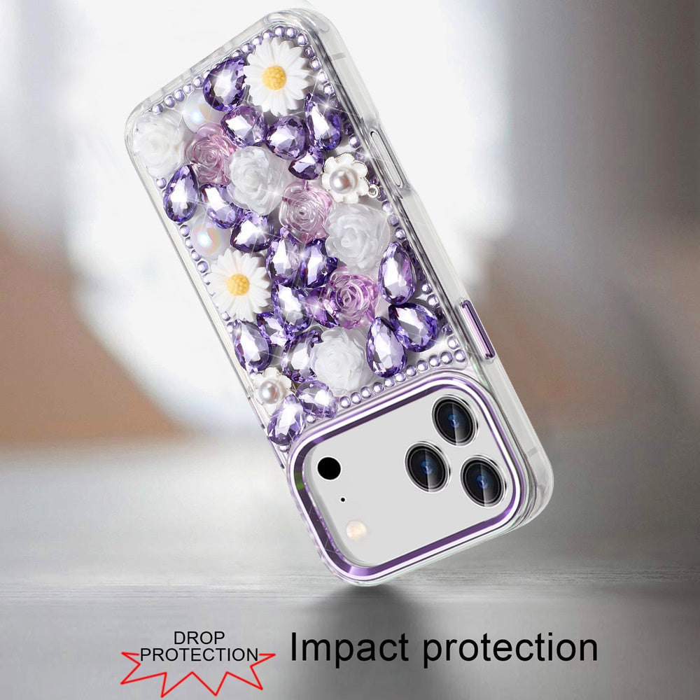 For Apple iPhone 17 Pro (6.3") Fashion Daisy Floral Series, Full 3D Bling Crystal Diamonds Sparkling Rhinestone Glitter Hybrid Design Case Cover