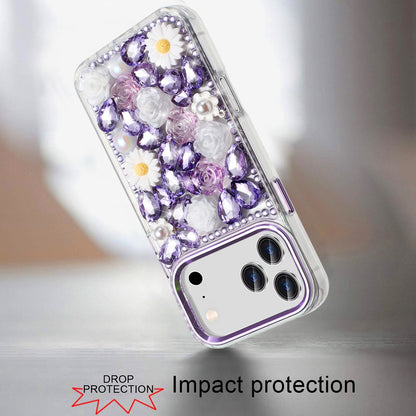 For Apple iPhone 17 Pro (6.3") Fashion Daisy Floral Series, Full 3D Bling Crystal Diamonds Sparkling Rhinestone Glitter Hybrid Design Case Cover