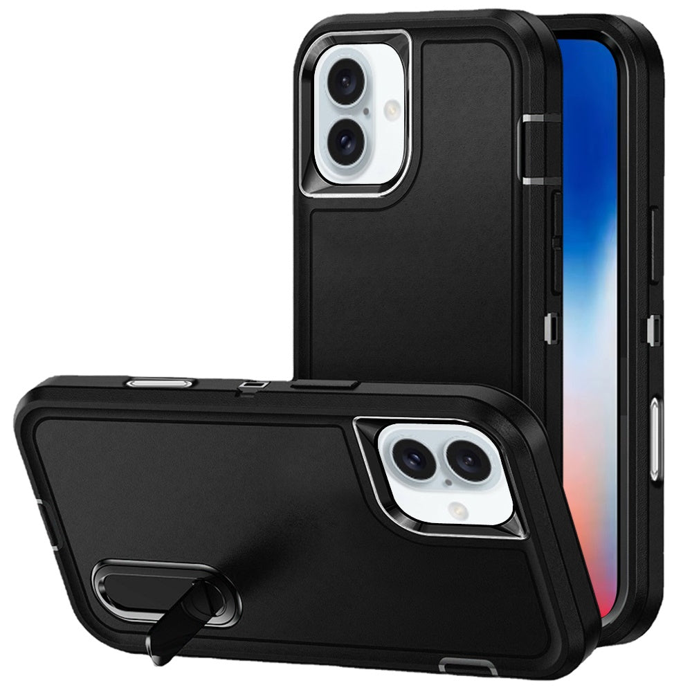 For Apple iPhone 16 (6.1") Hybrid 3 Layers Hard 3in1 Shockproof with Kickstand Heavy Duty Hard TPU Rubber Anti-Drop Case Cover Black