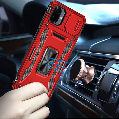 For Samsung Galaxy A07 Tough Hybrid Case with Movable Camera Window & Metal Ring Stand Shockproof Case Cover
