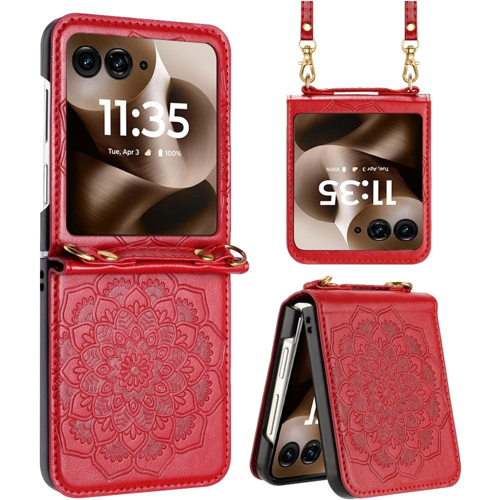 For Samsung Galaxy Z Flip 7 FE Embossed Floral PU Leather Henna Mandala Design Flip Cover with Strap, Hybrid Protective Case Cover Red
