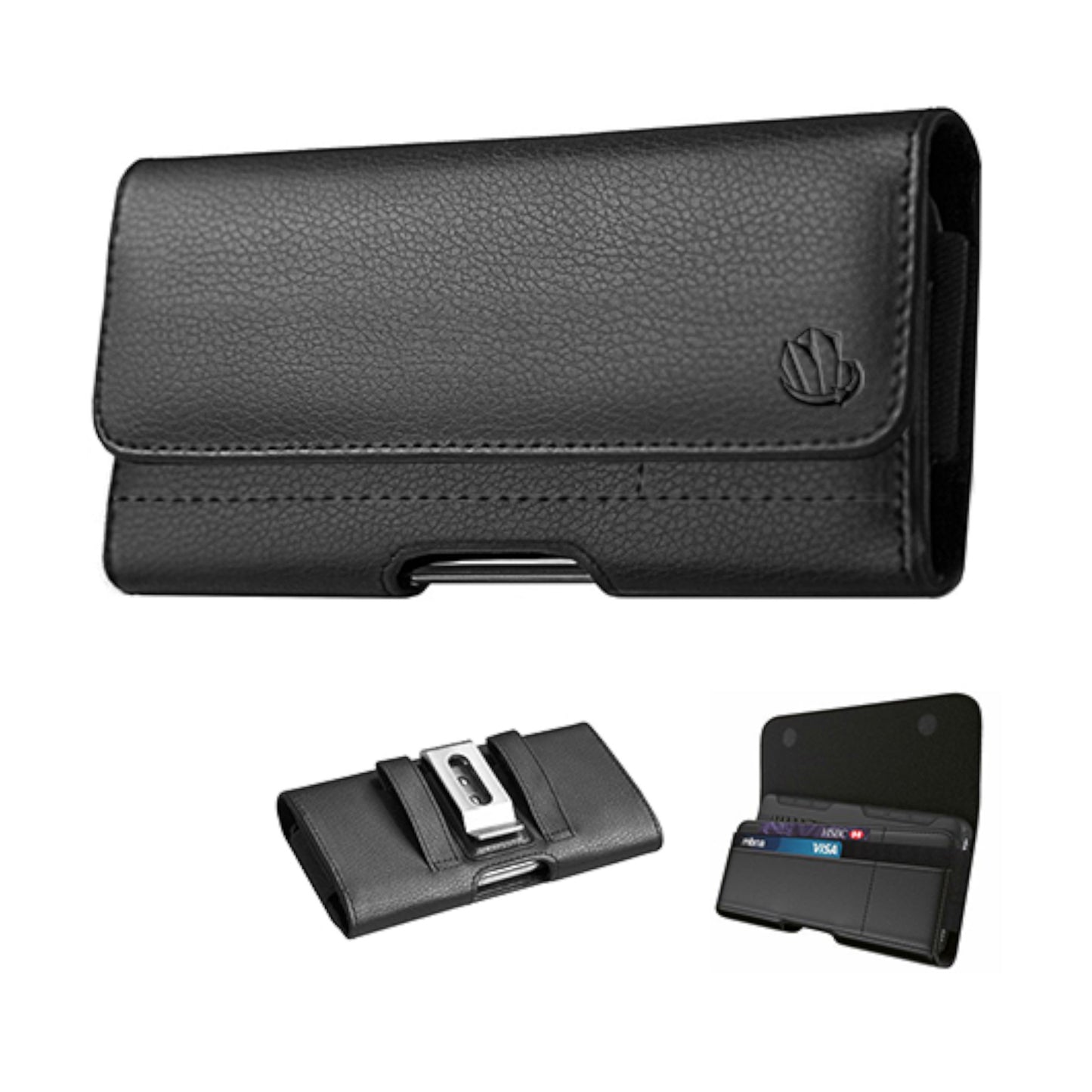 For Apple iPhone 16 Pro (6.3") Universal Leather Horizontal Holster Pouch with Credit Card Slots Wallet & Belt Loop Clip Carrying (Fit up to 6.7" Screen) [Black]