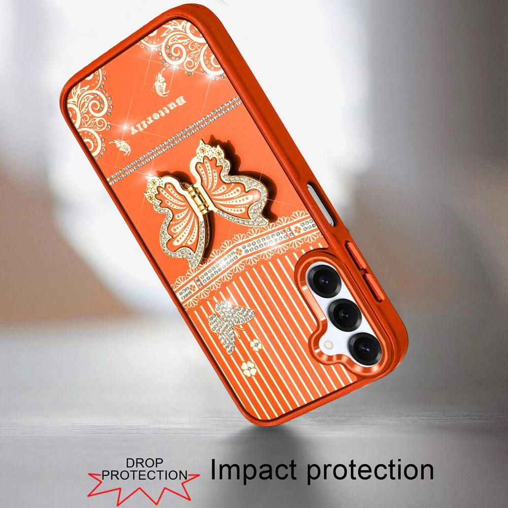 For Samsung Galaxy A16 5G Glitter 3D Butterfly Design Bling Metallic Edge Hybrid Stand Drop Protection TPU Shockproof Case Cover Cosmic Orange