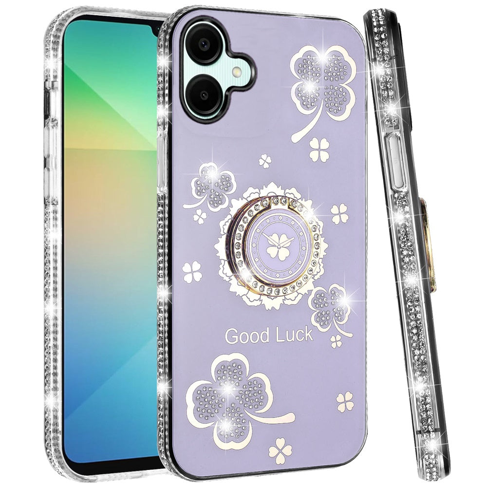 For Samsung Galaxy A06 Diamonds Bling All Around Edges Sparkly Glitter Hybrid with Ring Stand Holder Fashion Good Luck Case Cover