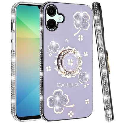 For Samsung Galaxy A06 Diamonds Bling All Around Edges Sparkly Glitter Hybrid with Ring Stand Holder Fashion Good Luck Case Cover