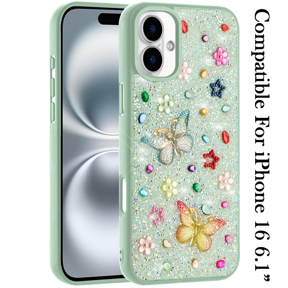For iPhone 16 (6.1") Diamond Butterfly 3D Glitter Bling Design, Slim Hybrid Sparkle Protective Cover TPU for Women Girls Case Cover White
