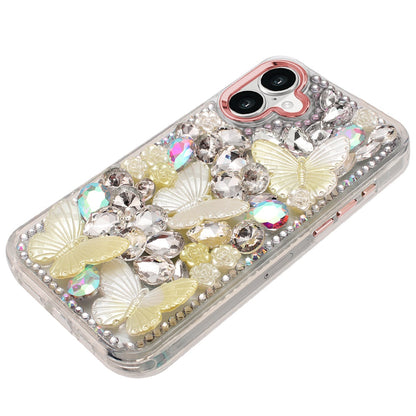 For Apple iPhone 17 (6.3") 3D Diamond Floral Butterfly Bling Stone Hybrid, Sparkly Rhinestone Gemstone Back Shockproof Case Cover