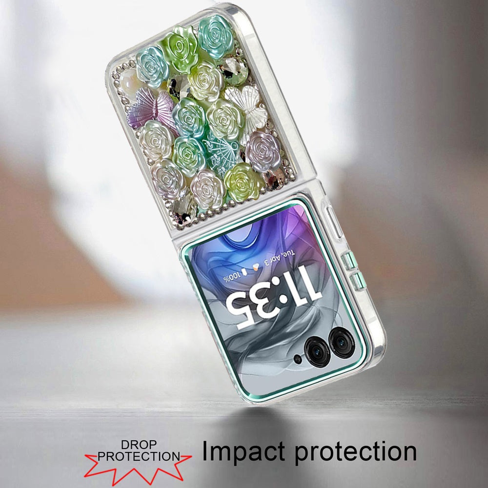 For Motorola Razr 2025 /2024 Muti-Color Floral Fashion Bling Crystal 3D Full Diamonds Stones Sparkle Rhinestone Glitter Hybrid Case Cover Green