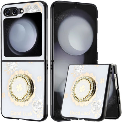 For Samsung Galaxy Z Fold 7 Diamonds 3D Fashion Floral Bling Sparkly Glitter Ornaments Engraving Hybrid with Ring Stand Case Cover White Good Luck Floral