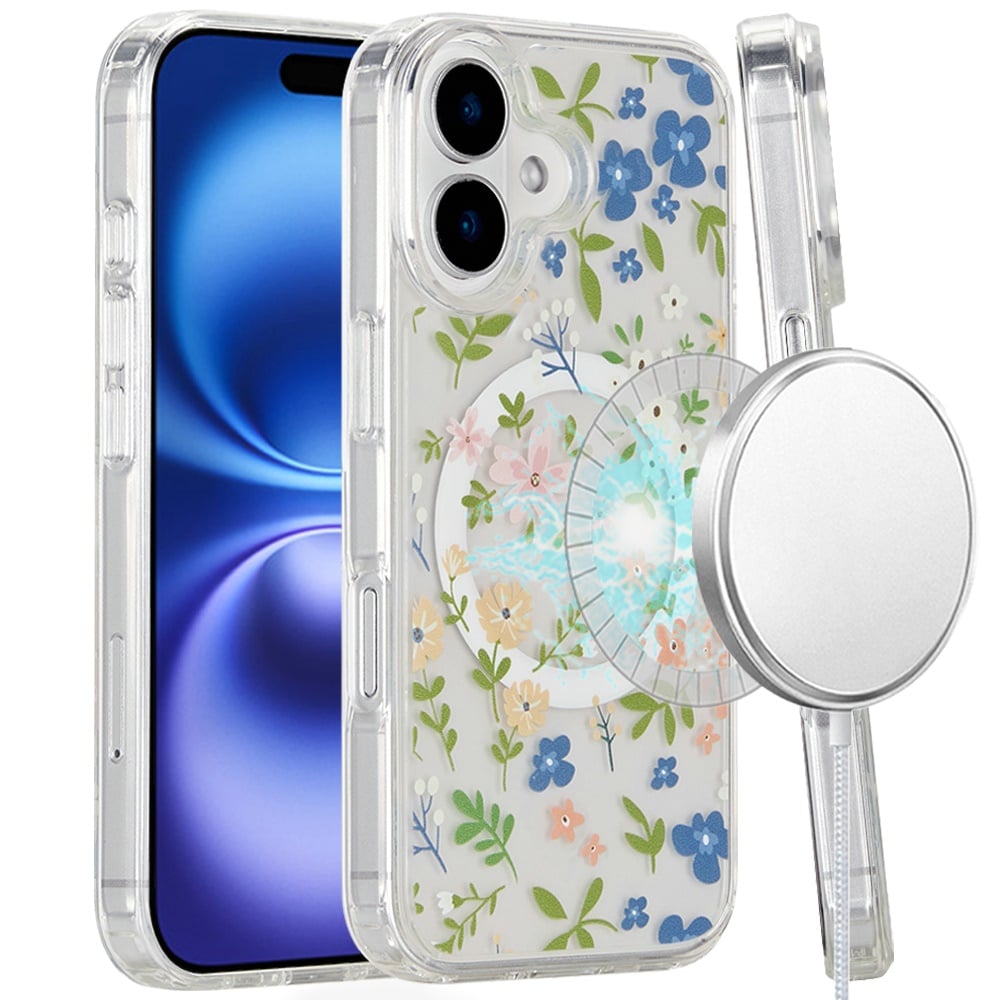 For Apple iPhone 16 Plus Cute Fashion Pattern Design, Durable Shockproof Slim TPU Hard Back, MagSafe Compatible Case Cover Nightly Floral
