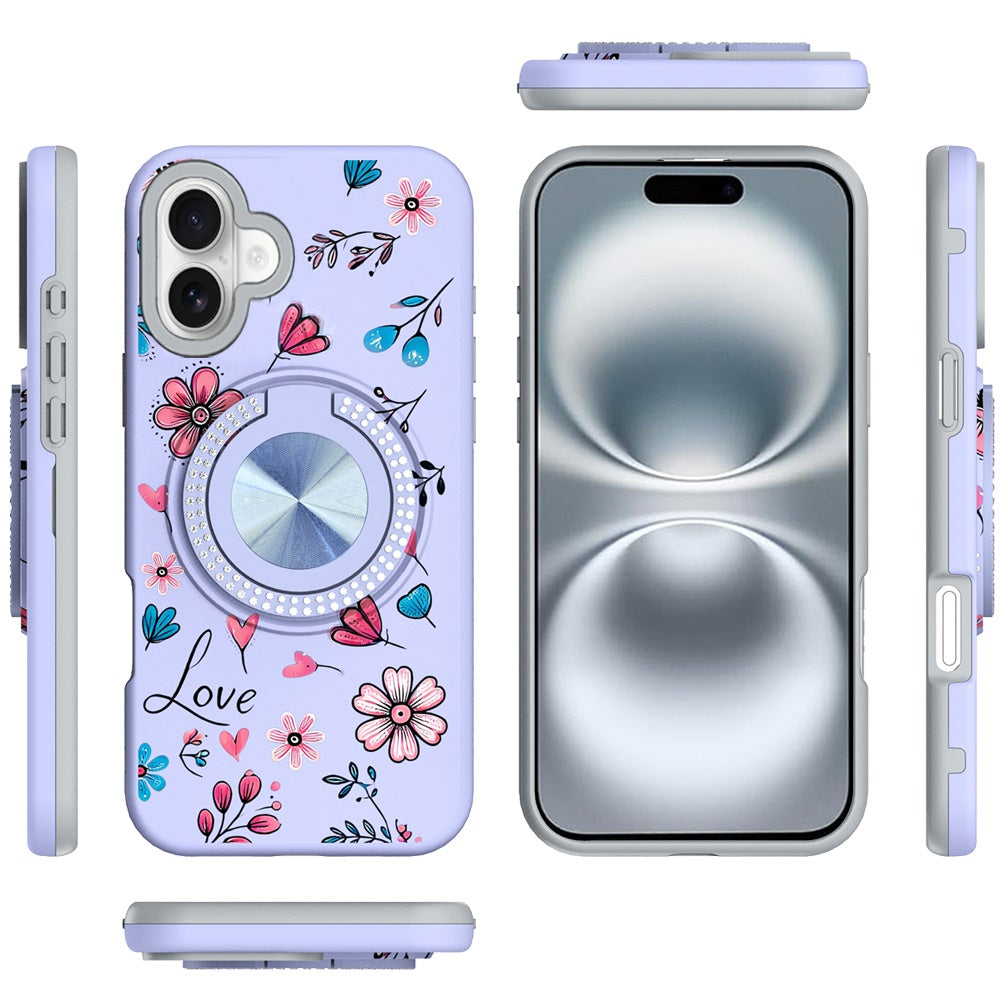 For Apple iPhone 16 (6.1") Pattern Design Hybrid with Invisible Ring Stand & Magnetic Back, Shockproof Protective Grip Case Cover