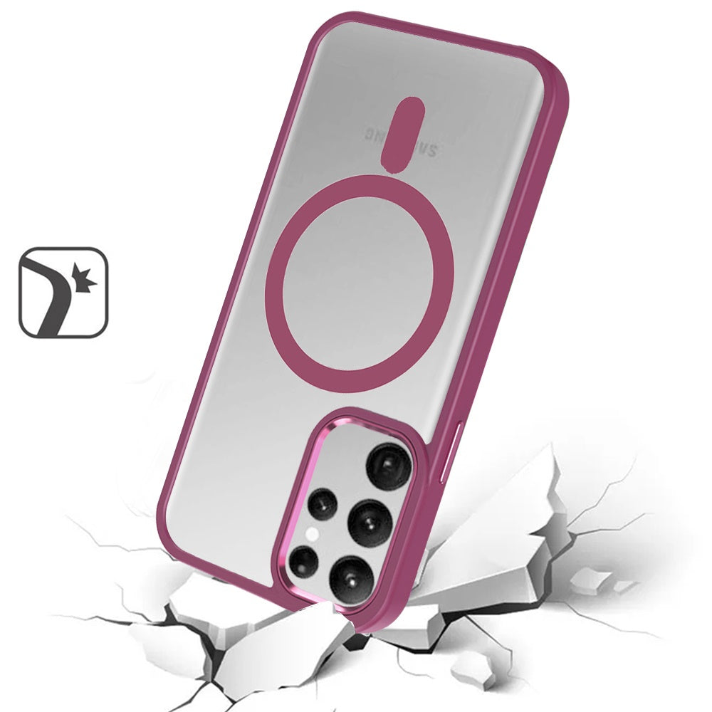Phone Case for Samsung Galaxy S24+ /S24 Plus Magnetic Clear Acrylic Metal Button Shockproof Hybrid Durable Grip Bumper TPU Protective Heavy Duty Cover Burgundy