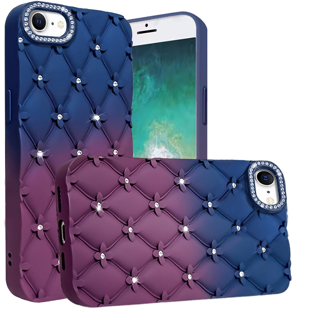 For Apple iPhone 17E /16E Fashion Flower Design Sparkle Glitter Shimmer Rhinestone Bling Floral Accents, Leather Texture TPU Case Cover