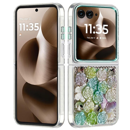 For Motorola Razr 2025 /2024 Muti-Color Floral Fashion Bling Crystal 3D Full Diamonds Stones Sparkle Rhinestone Glitter Hybrid Case Cover Green