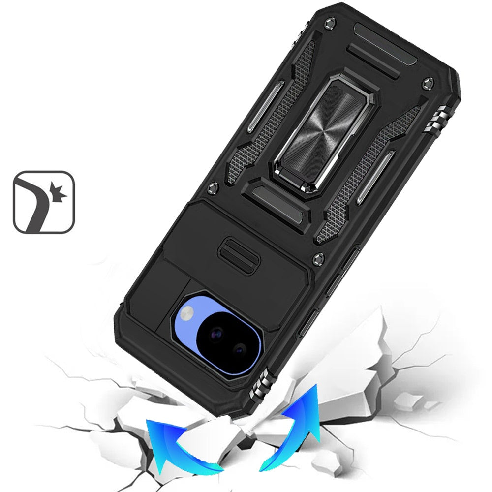 Phone Case for Google Pixel 10A Tough Metal Ring Shockproof Sliding Camera Window Hybrid Armor Rugged Anti Slip Heavy Duty Grip Cover Black
