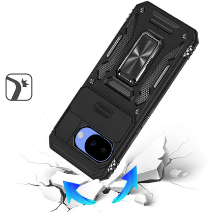 Phone Case for Google Pixel 10A Tough Metal Ring Shockproof Sliding Camera Window Hybrid Armor Rugged Anti Slip Heavy Duty Grip Cover Black