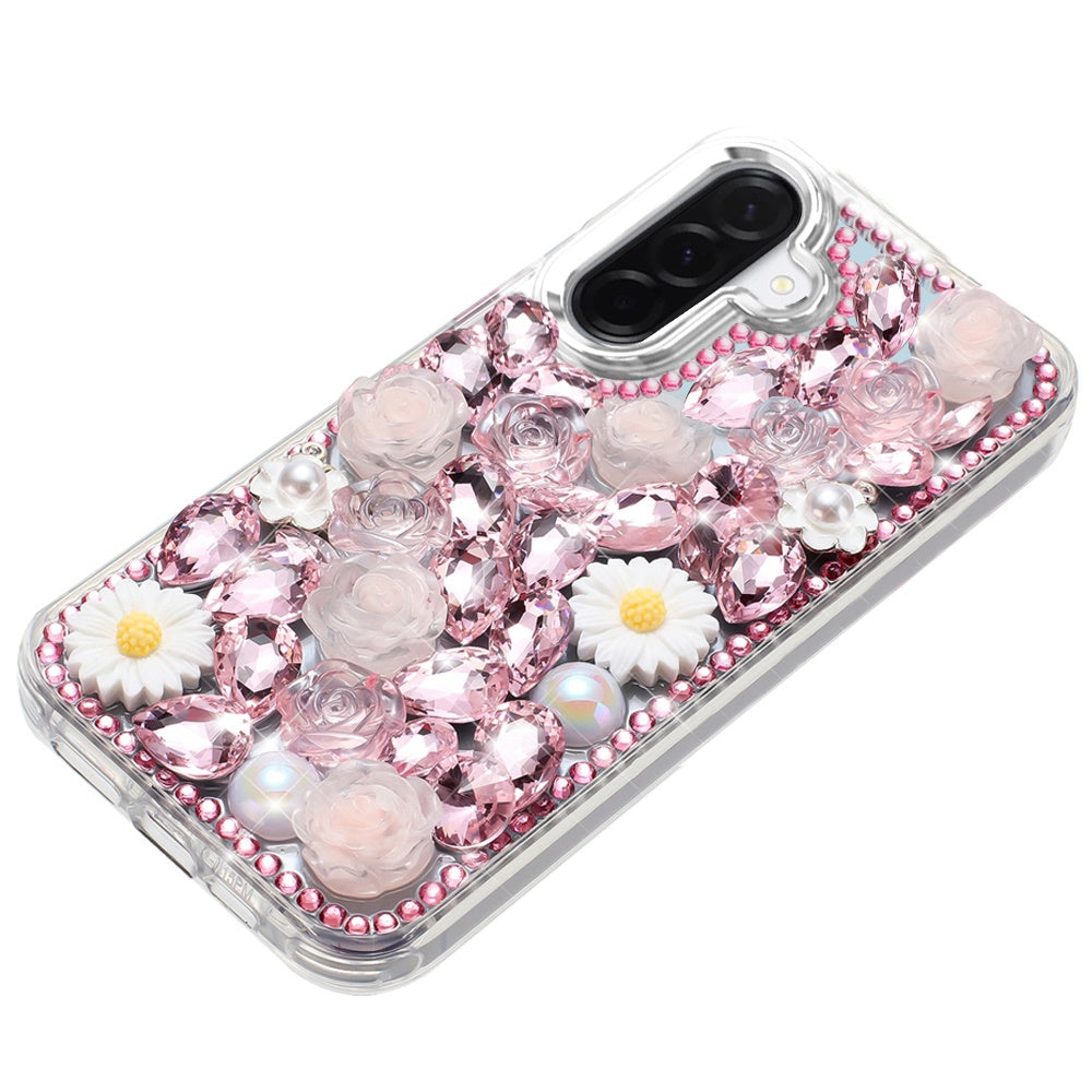 For Samsung Galaxy A17 5G Fashion Daisy Floral Series, Full 3D Bling Crystal Diamonds Sparkling Rhinestone Glitter Hybrid Design Case Cover