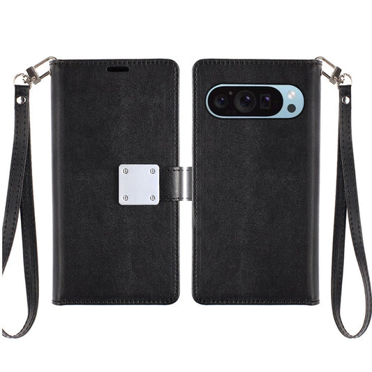 For Google Pixel 9 Pro XL Wallet Cases PU Leather with Credit Card /ID /Cash Holder Slot Dual Flip Book Pouch, Stand and Strap Case Cover Black