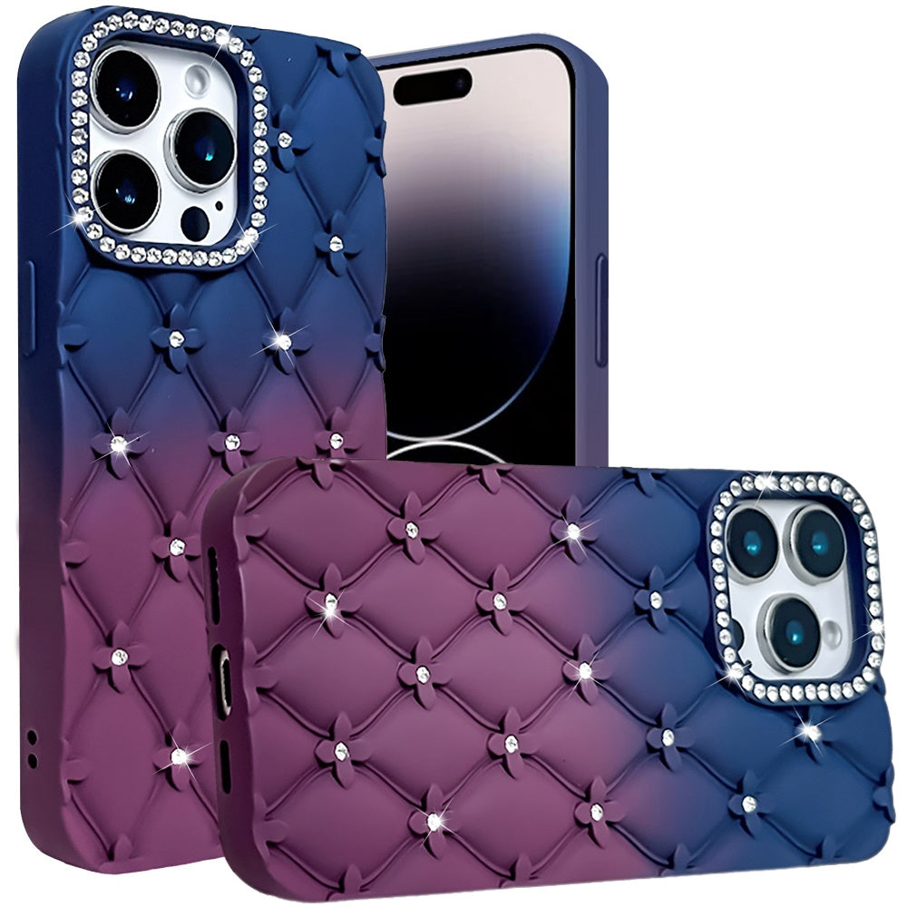 For Apple iPhone 13 Pro Max (6.7") Fashion Flower Design Sparkle Glitter Shimmer Rhinestone Bling Leather Feel Thick TPU Rubber Hard PC Case Cover