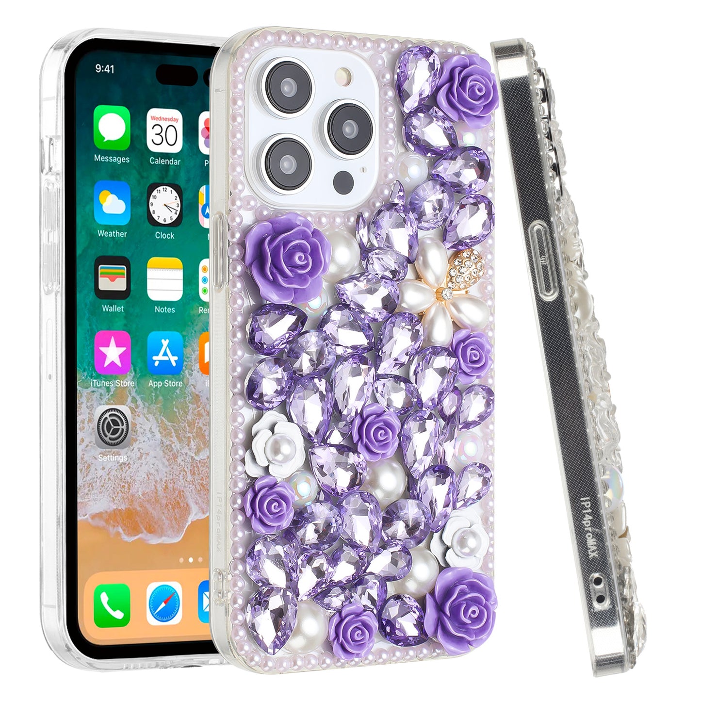 For Apple iPhone 17E /16E Fashion Rose Flower Floral, 3D Bling Crystal Full Diamonds Pearl Sparkle Rhinestone Glitter Hybrid Case Cover Purple