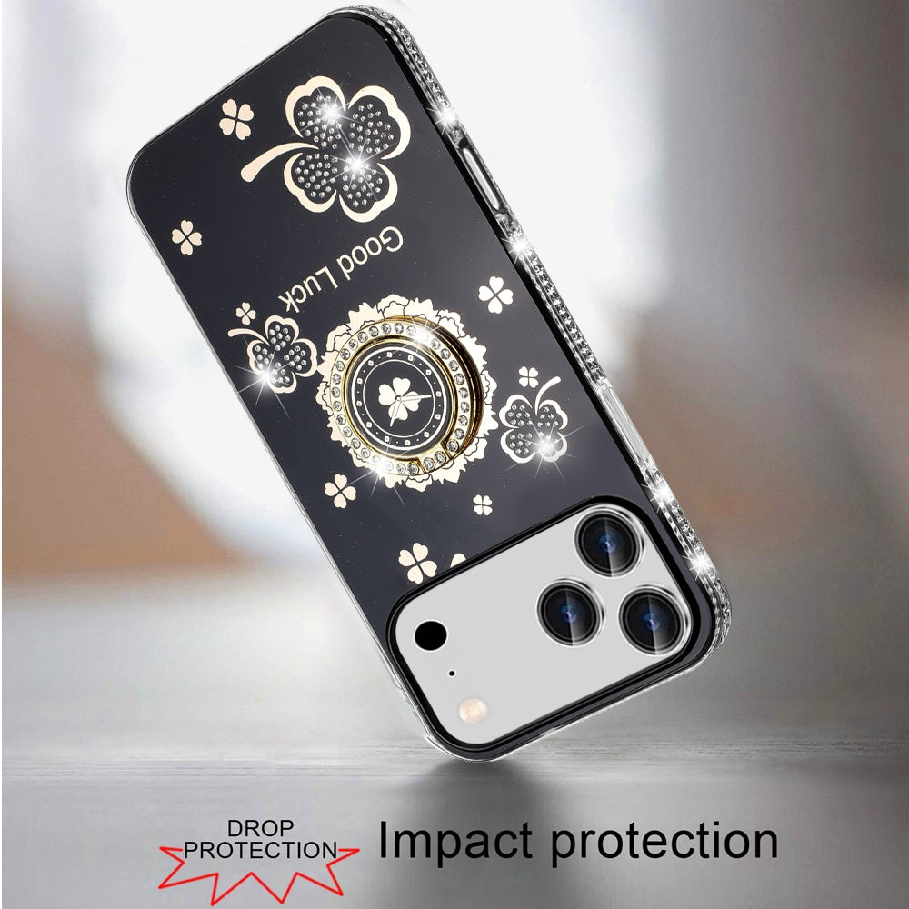 For Apple iPhone 17 Pro Max (6.9") Diamonds Bling All Around Edges Sparkly Glitter Hybrid with Ring Stand Holder Fashion Good Luck Case Cover