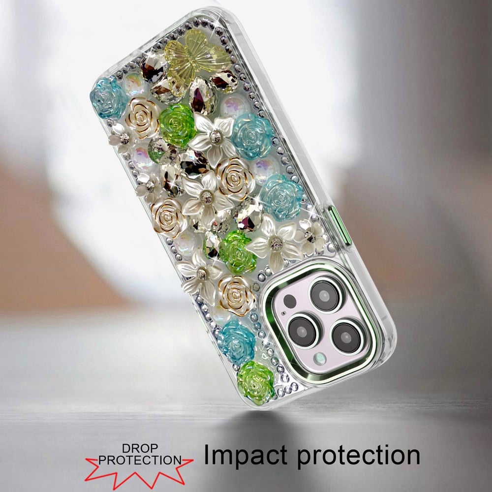 For iPhone 14 Pro Max (6.7") 3D Diamond Floral Roses Flower Bling Stone Hybrid, Sparkly Rhinestone Gemstone Back Shockproof Case Cover Green