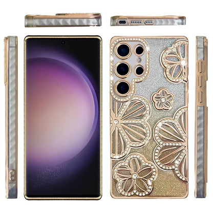 For Samsung Galaxy S23 Ultra Luxury Flower Design Sparkle Glitter Diamond Rhinestone Shimmer Bling Plating Thick TPU Hard PC Case Cover